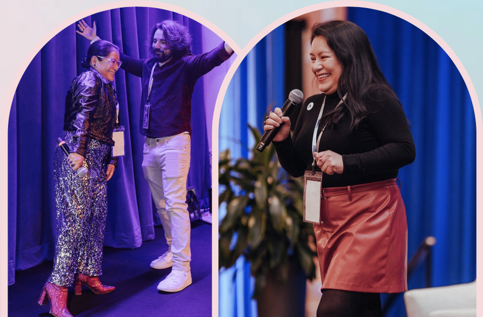 Liana speaking on stage at conferences